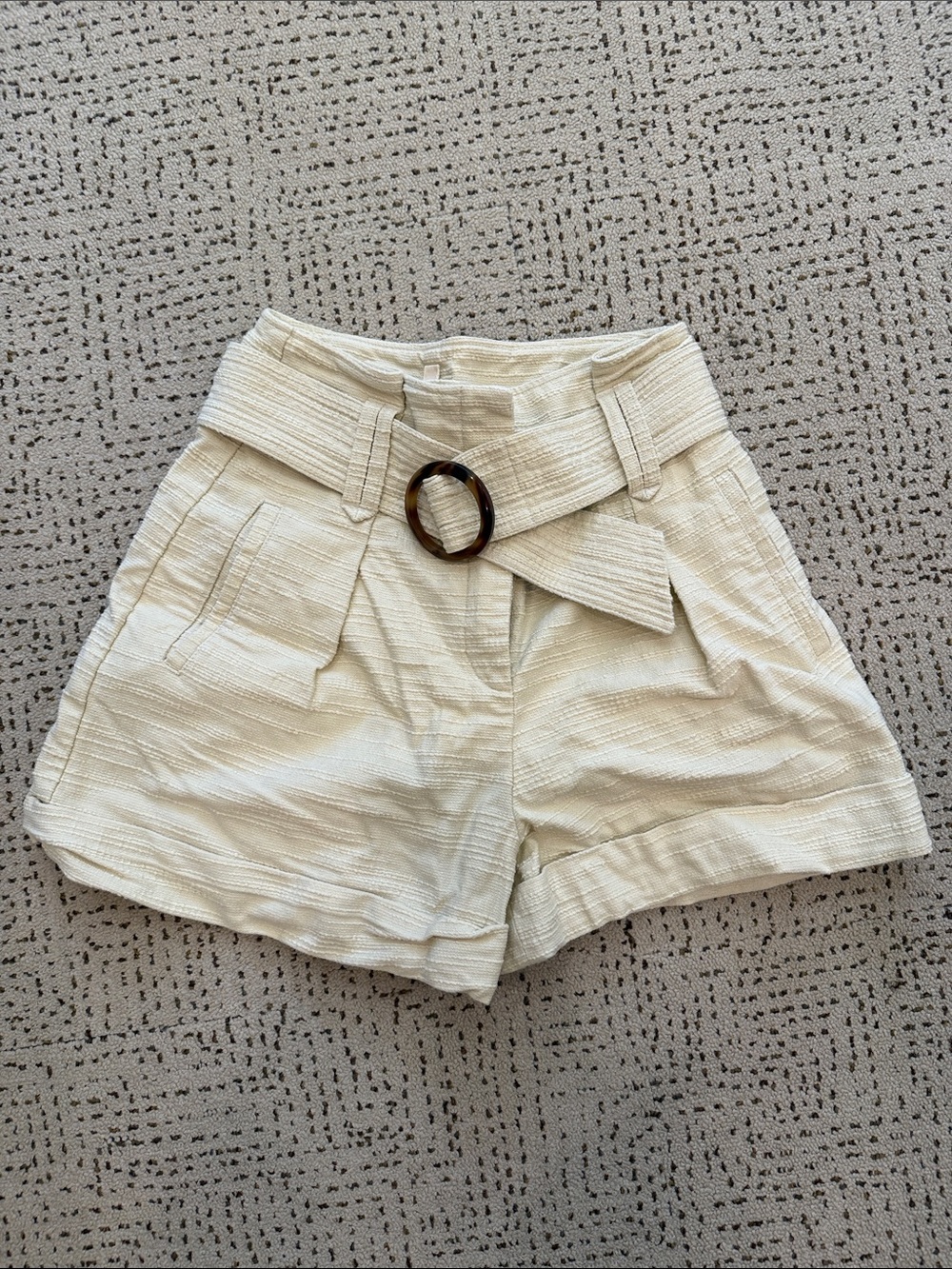 Sezane Cream High-Waist Belted Shorts with Tortoiseshell Ring - Picture 1 of 4